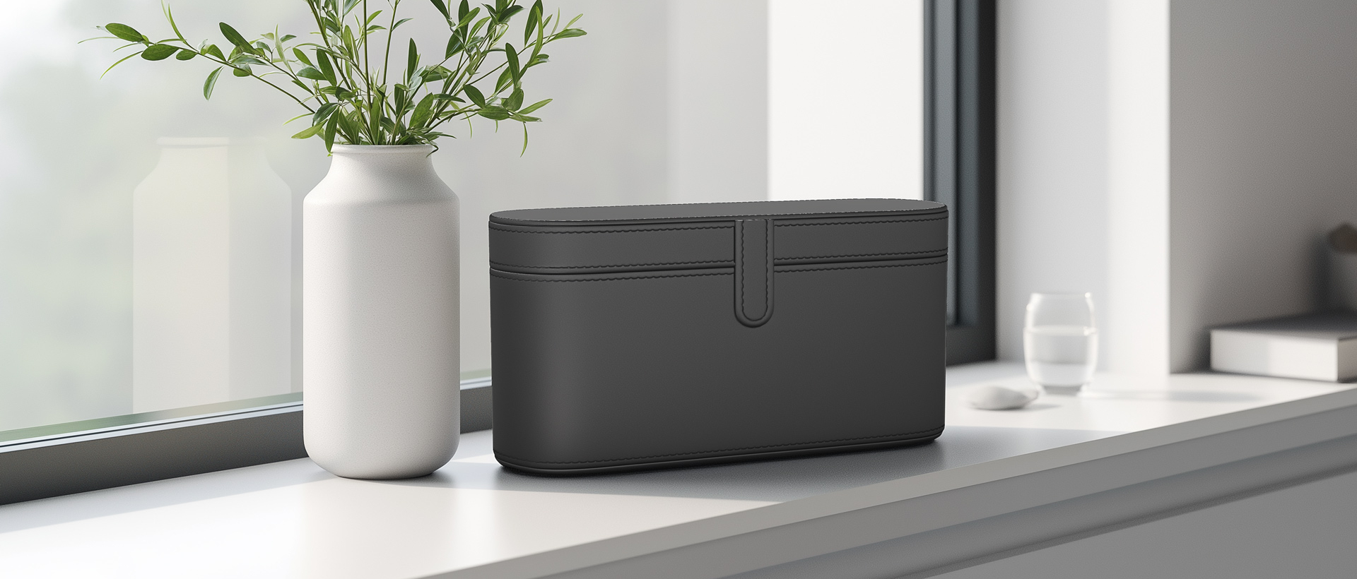 boite pour sèche-cheveux en cuir noir mat